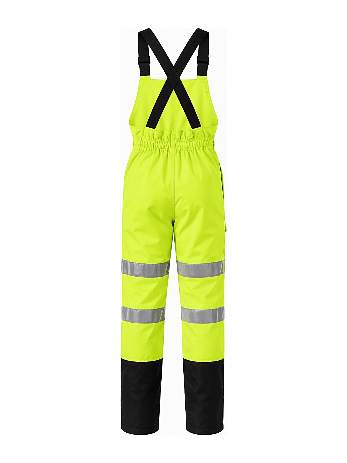 Hi-vis bib overall back view with crossed elastic suspenders and reflective leg bands