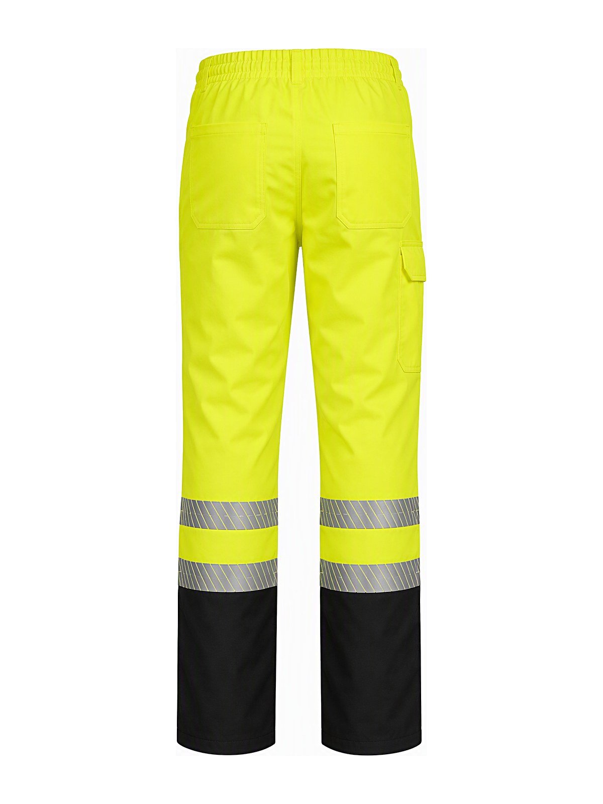 Hi-vis cargo pants back view with reflective bands and back patch pockets