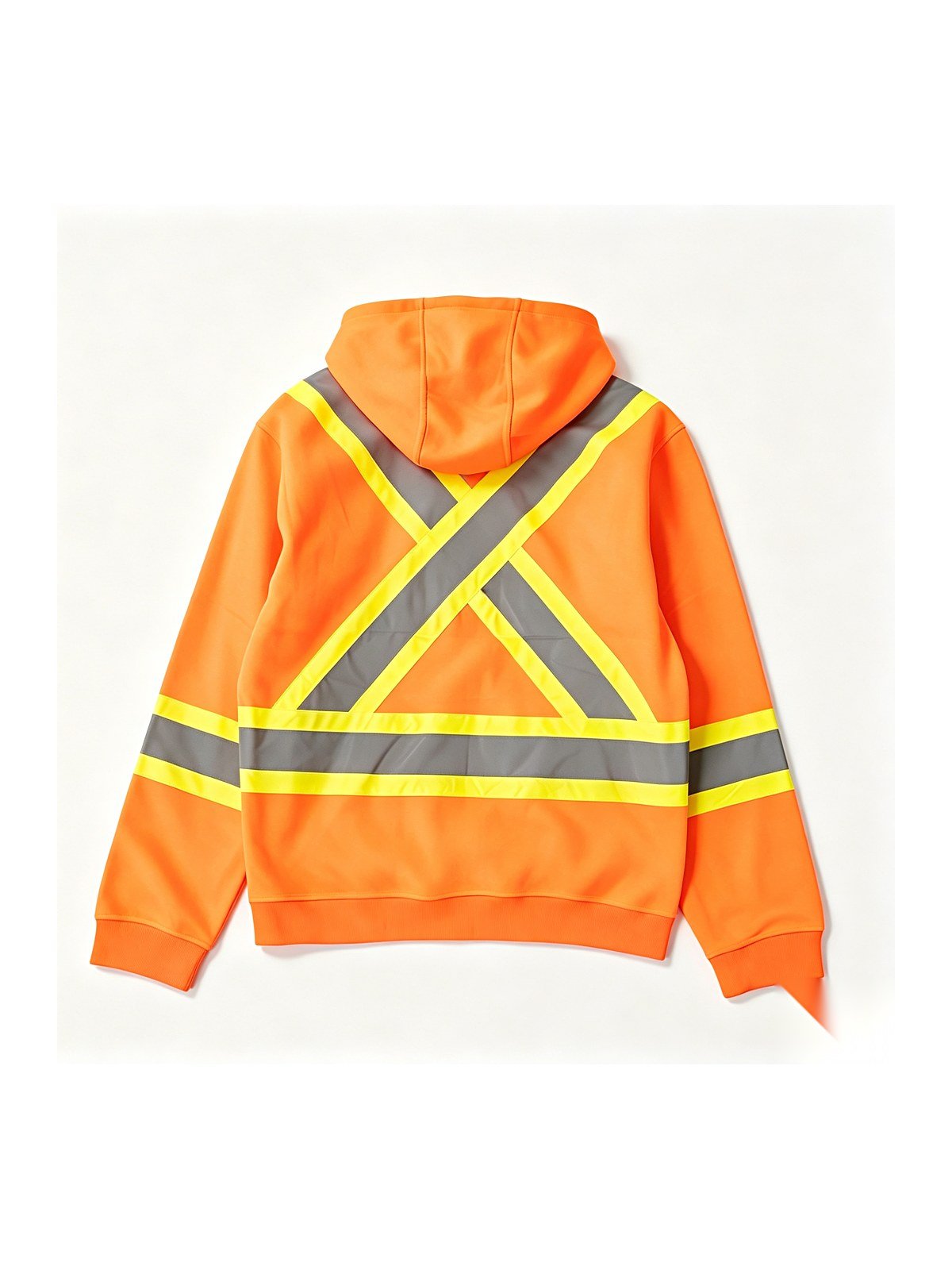 Hi-vis orange hoodie, back view with X-back reflective tape