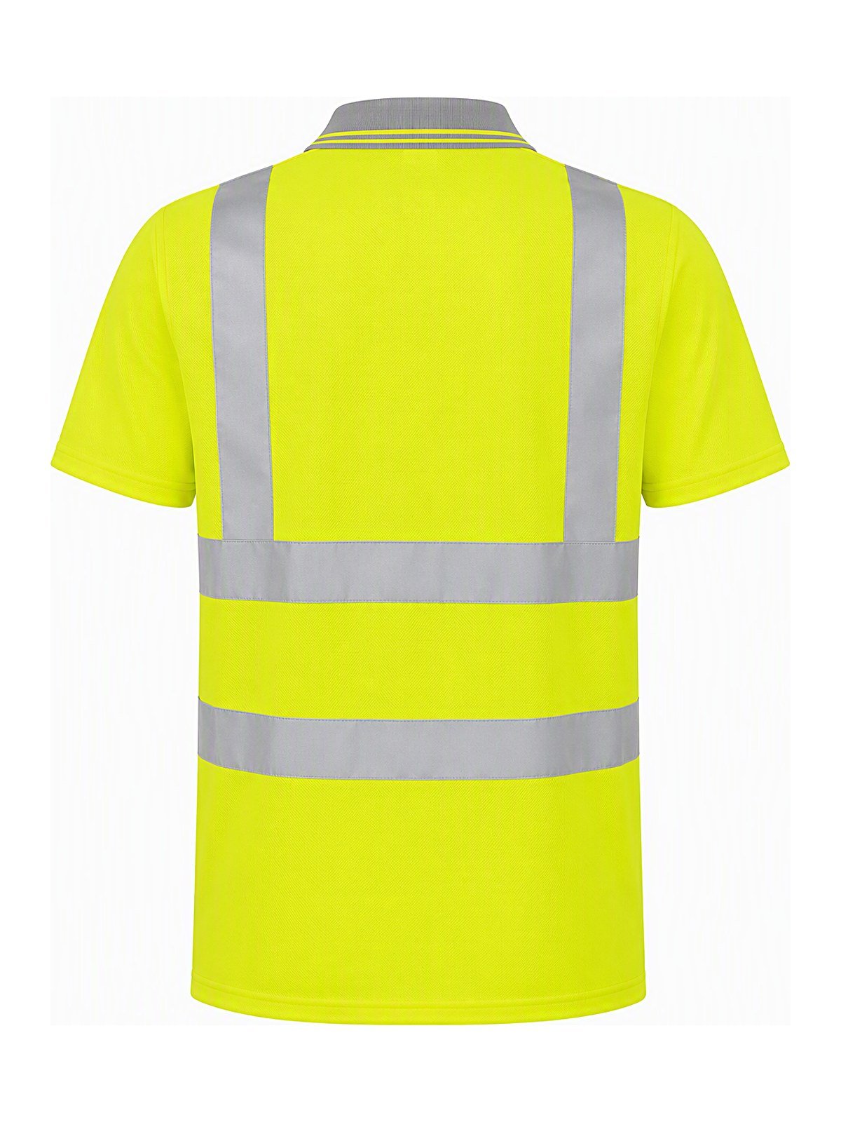 Hi-vis yellow polo shirt, back view with reflective tape layout