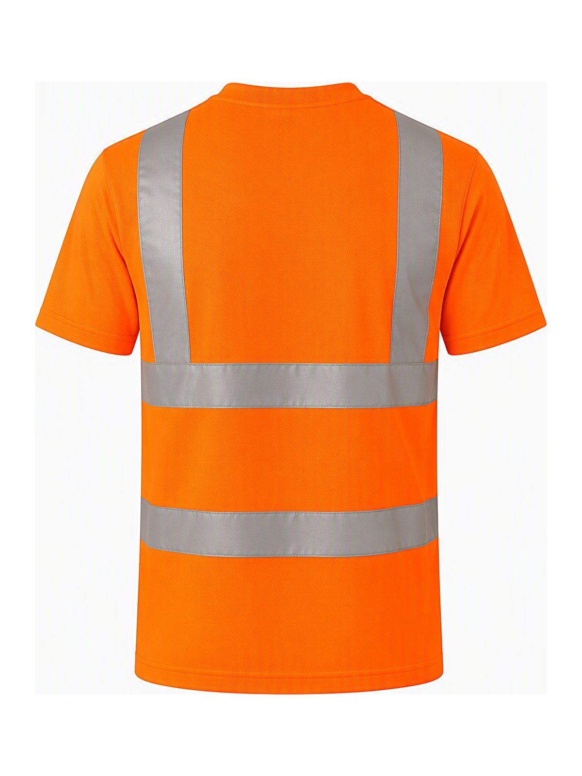Hi-vis orange safety t-shirt, back view with reflective tape layout