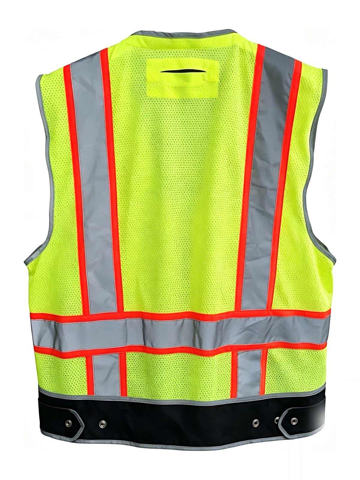 Surveyor vest back view with vertical and horizontal reflective tape over black bottom panel