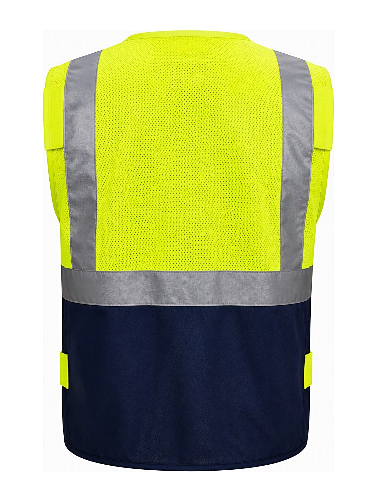 Public safety vest back view in hi-vis yellow mesh with navy lower panel and silver tape layout