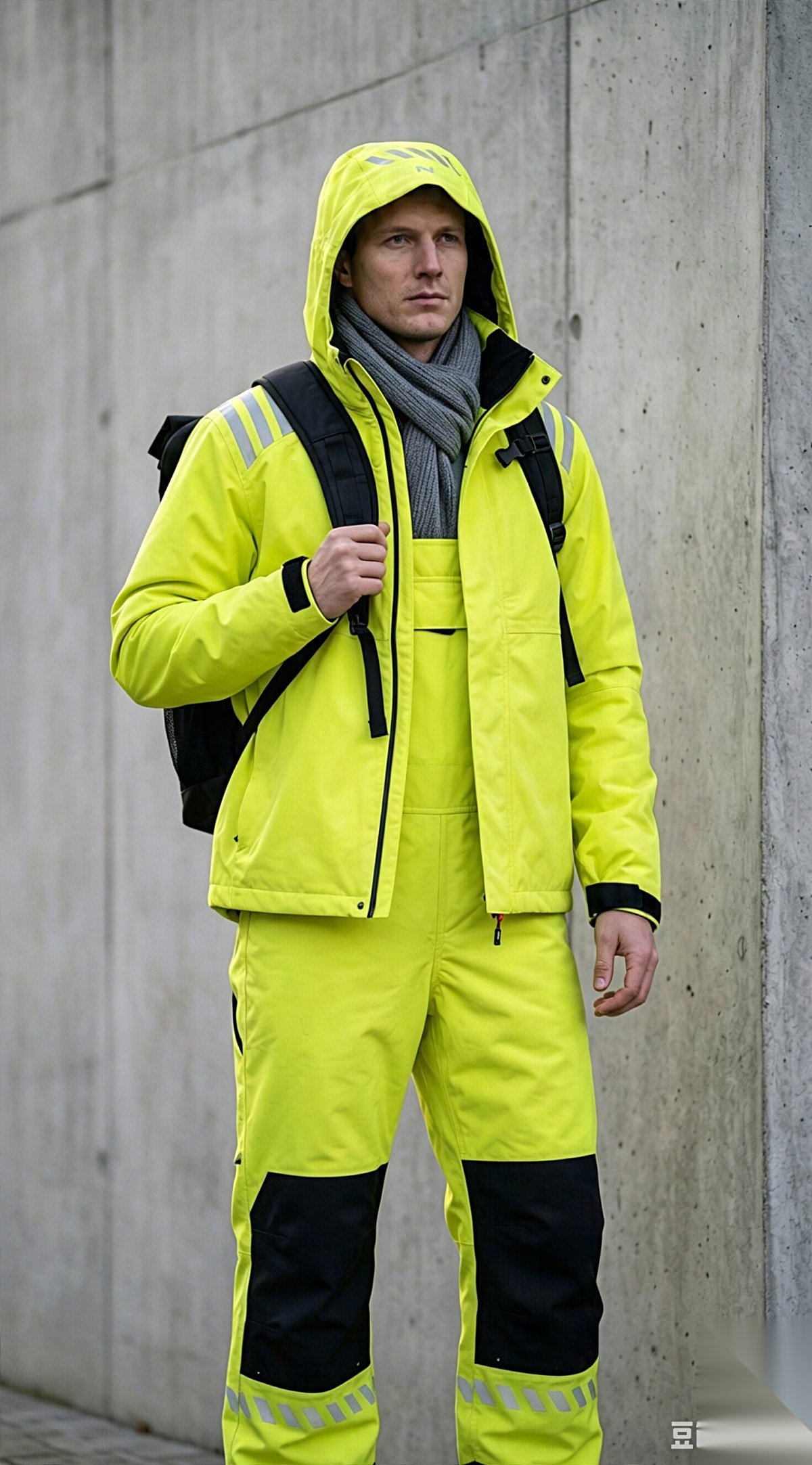 Rain jacket worn open, urban site setting