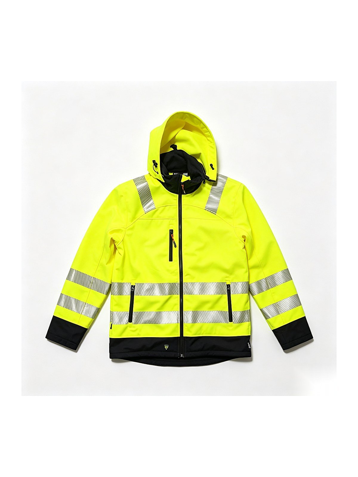 Hi-vis yellow rain jacket, back view with two-band reflective layout